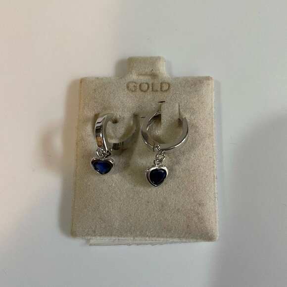 10KT White Gold with Created Blue Sapphire 5mm Heart Dangle Leverback Earrings - Picture 5 of 8